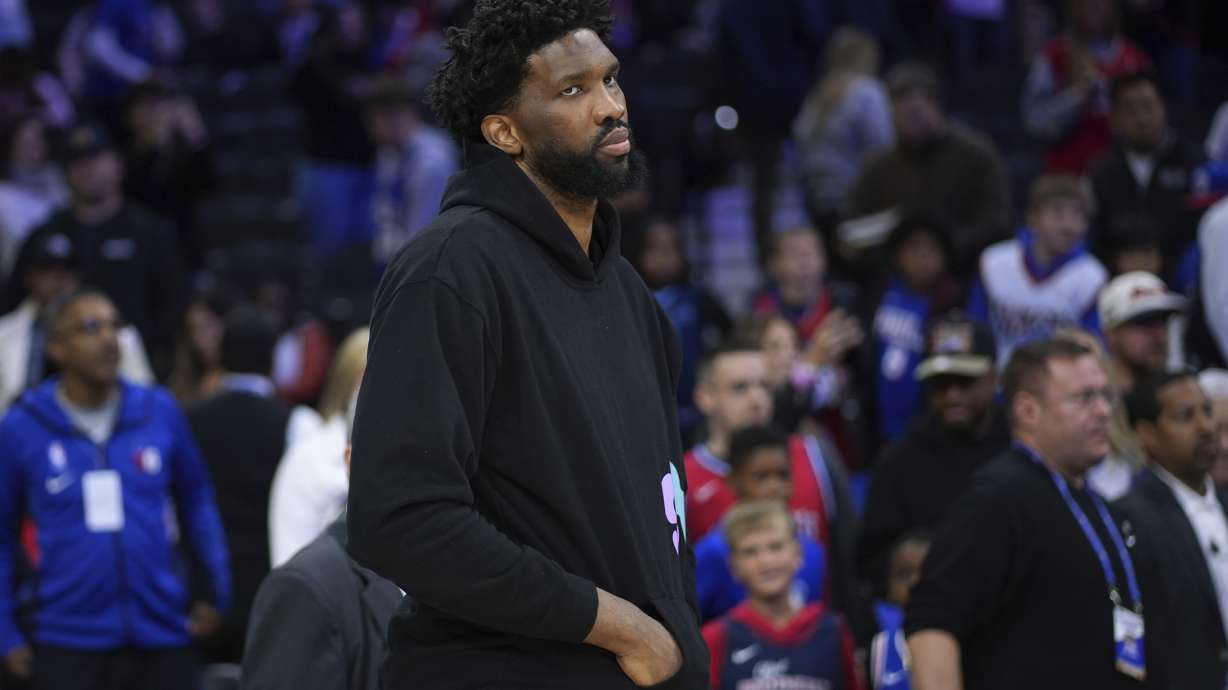 Philadelphia 76ers' Joel Embiid looks over the court after an NBA basketball game against the Memphis Grizzlies, Saturday, Nov. 2, 2024, in Philadelphia.