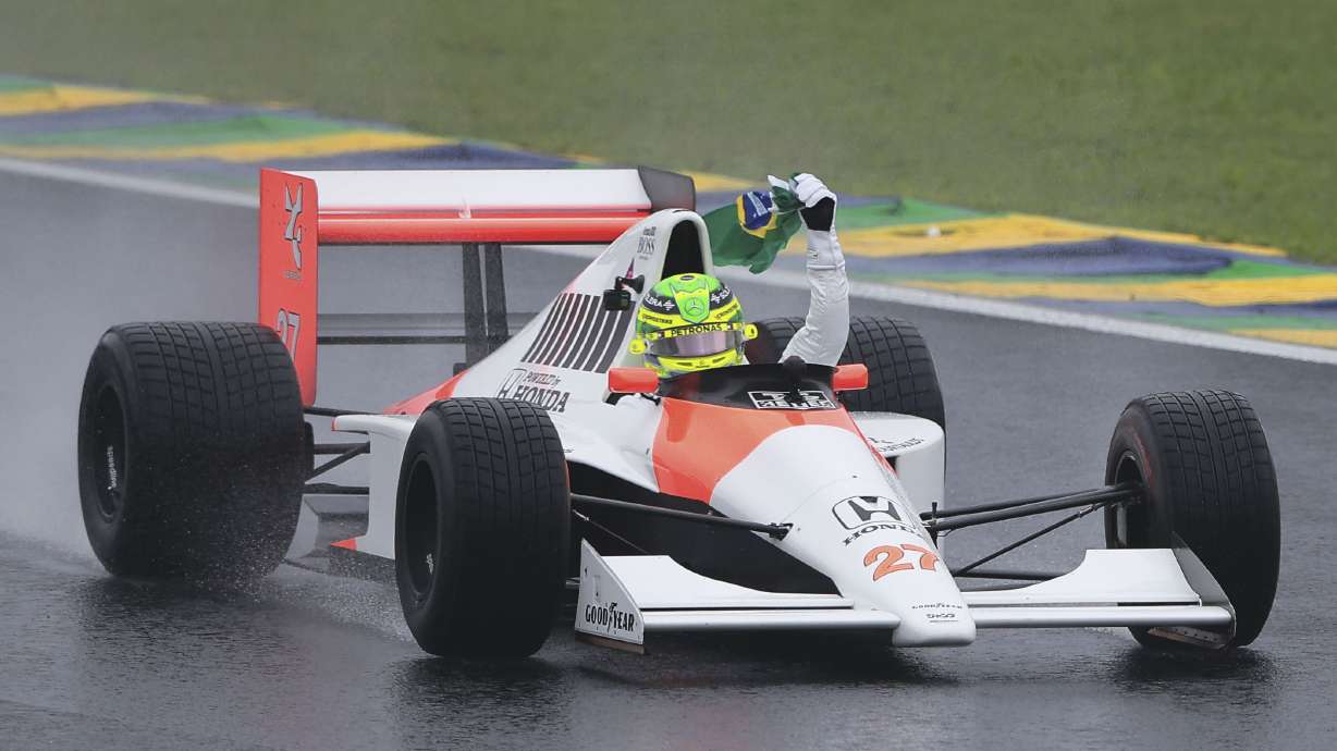 Mercedes driver Lewis Hamilton of Britain, drives the car of legendary driver Ayrton Senna prior the Brazilian Formula One Grand Prix at the Interlagos race track, in Sao Paulo, Brazil, Sunday, Nov. 3, 2024.