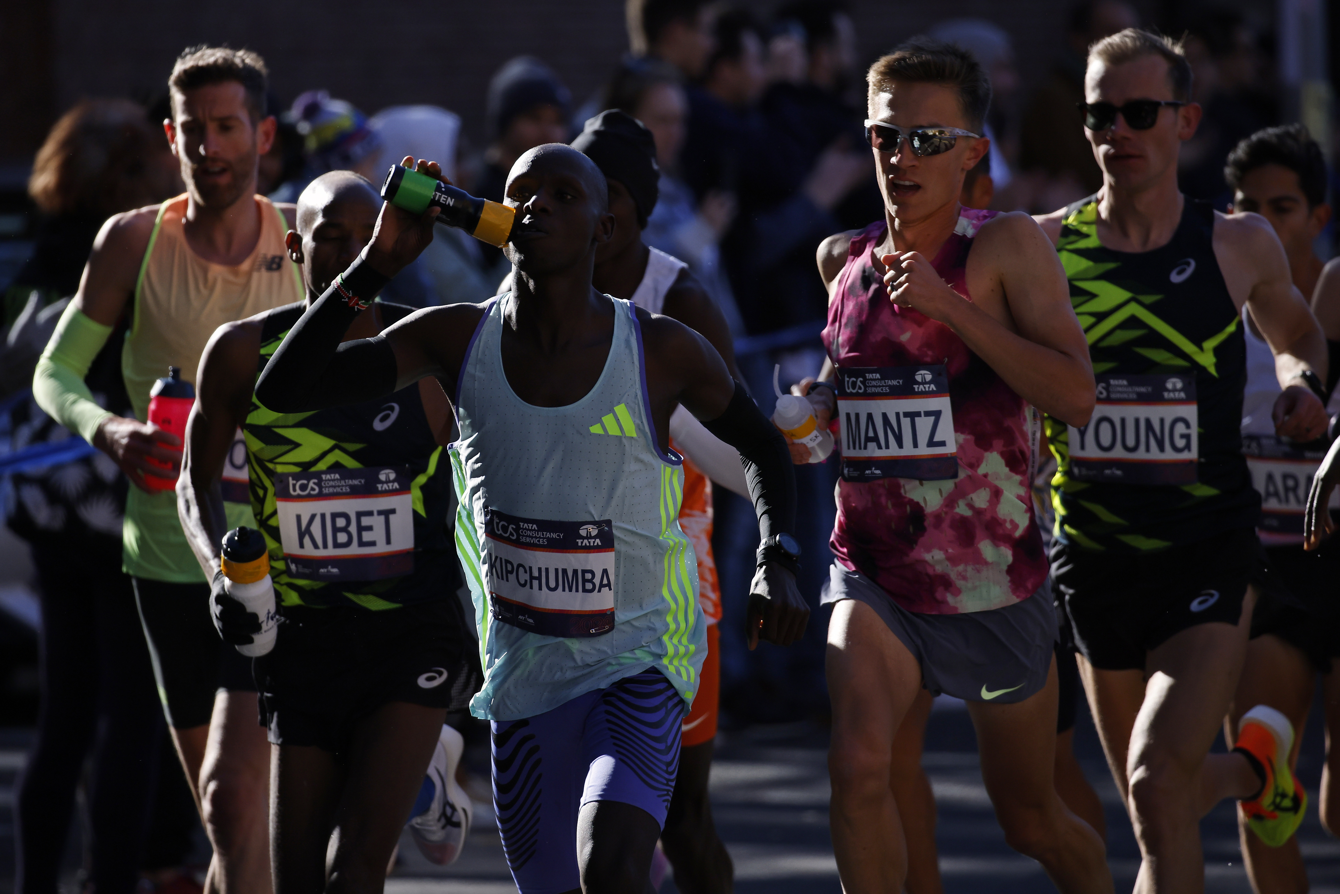 Runners in the men's elite division make their way through the Brooklyn borough during the New York City Marathon, Sunday, Nov. 3, 2024, in New York.