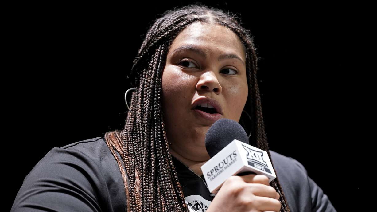 Iowa State's Audi Crooks addresses the media during the NCAA college Big 12 women's basketball media day, Tuesday, Oct. 22, 2024, in Kansas City, Mo.