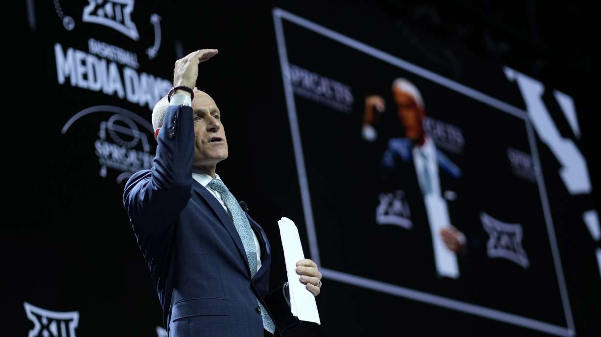 Big 12 Commissioner Brett Yormark addresses the media during the NCAA college Big 12 women's basketball media day, Tuesday, Oct. 22, 2024, in Kansas City, Mo.