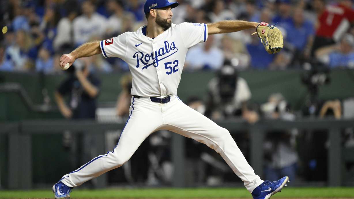 Kansas City Royals starting pitcher Michael Wacha throws during the third inning in Game 4 of an American League Division baseball playoff series against the New York Yankees Thursday, Oct. 10, 2024, in Kansas City, Mo.
