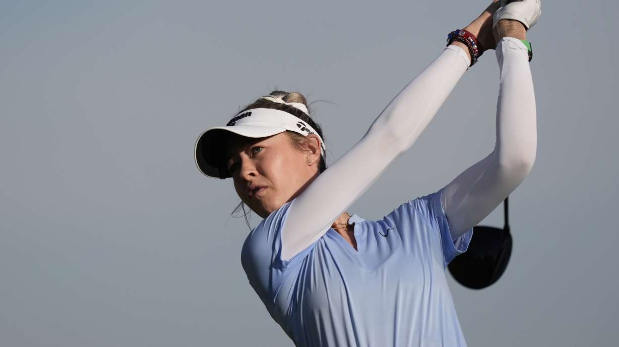 FILE -Nelly Korda, of the United States, watches her shot off of the first tee during the final round of the LPGA Kroger Queen City Championship golf tournament at TPC River's Bend in Maineville, Ohio, Sunday, Sept. 22, 2024.