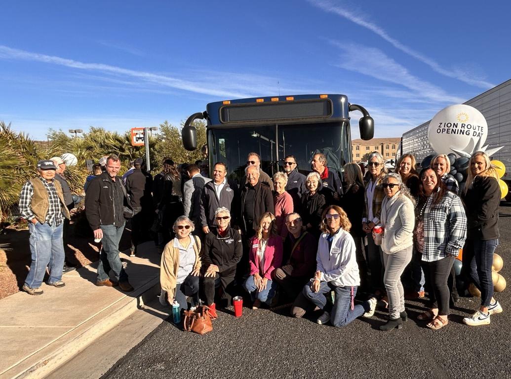Community leaders and residents celebrate the new bus route from St. George to Springdale and Zion National Park, in St. George, Friday.