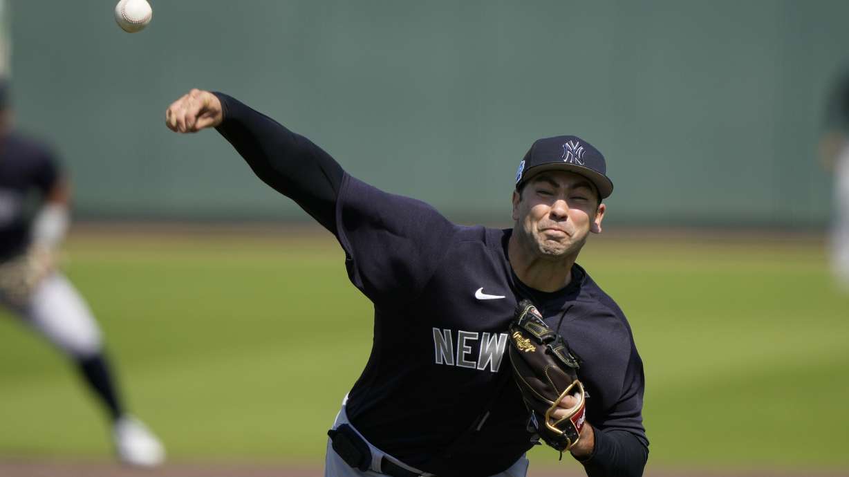 FILE - New York Yankees pitcher Lou Trivino delivers in the first inning of a spring training baseball game against the Pittsburgh Pirates in Bradenton, Fla., March 2, 2023.