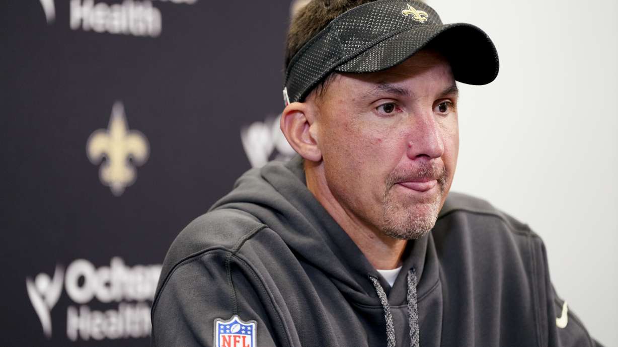 New Orleans Saints head coach Dennis Allen speaks during a news conference after loss against the Carolina Panthers in an NFL football game Sunday, Nov. 3, 2024, in Charlotte, N.C.