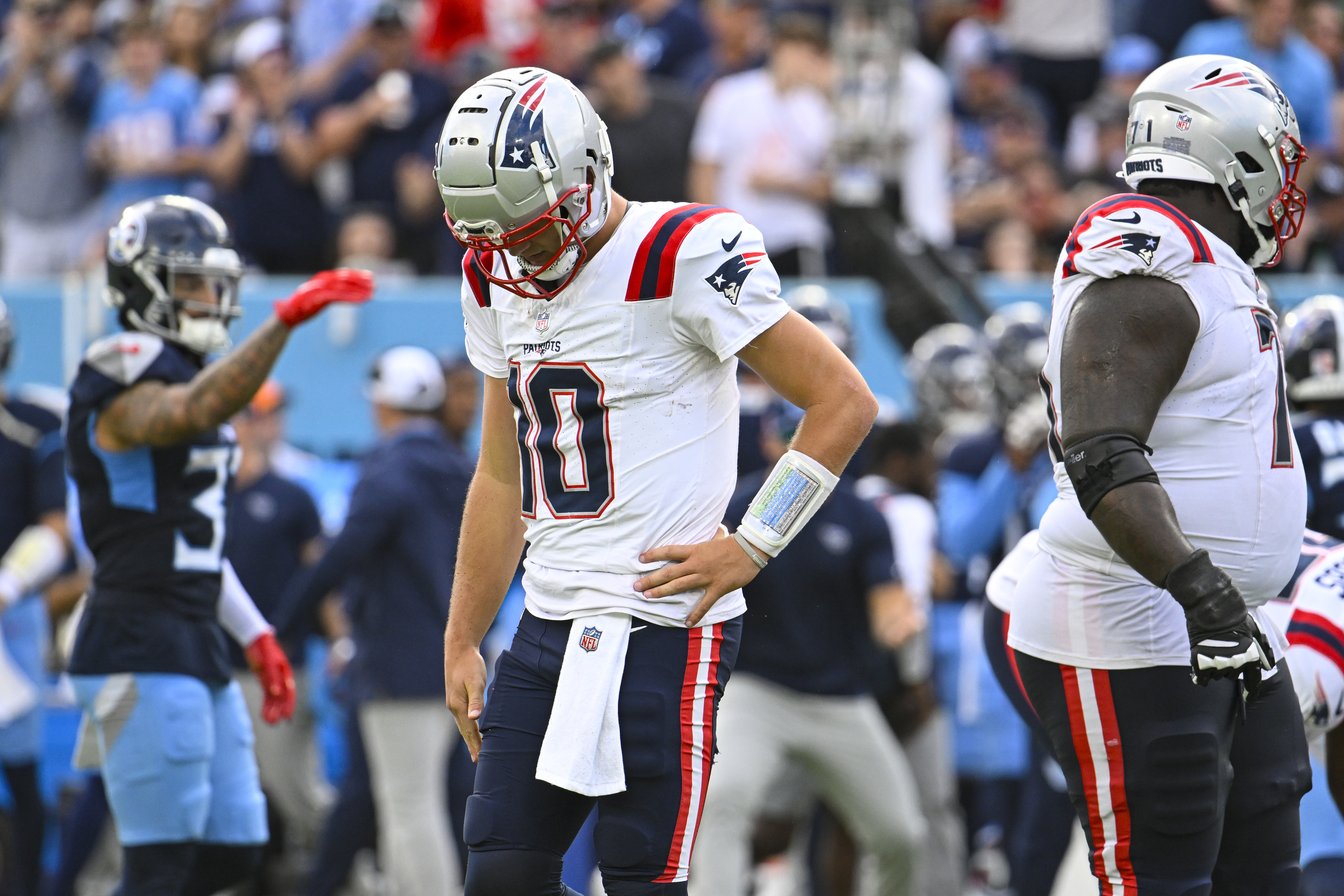 New England Patriots quarterback Drake Maye (10) reacts after a fumble that was recovered by the Tennessee Titans during the second half of an NFL football game in Nashville, Tenn., Sunday, Nov. 3, 2024.