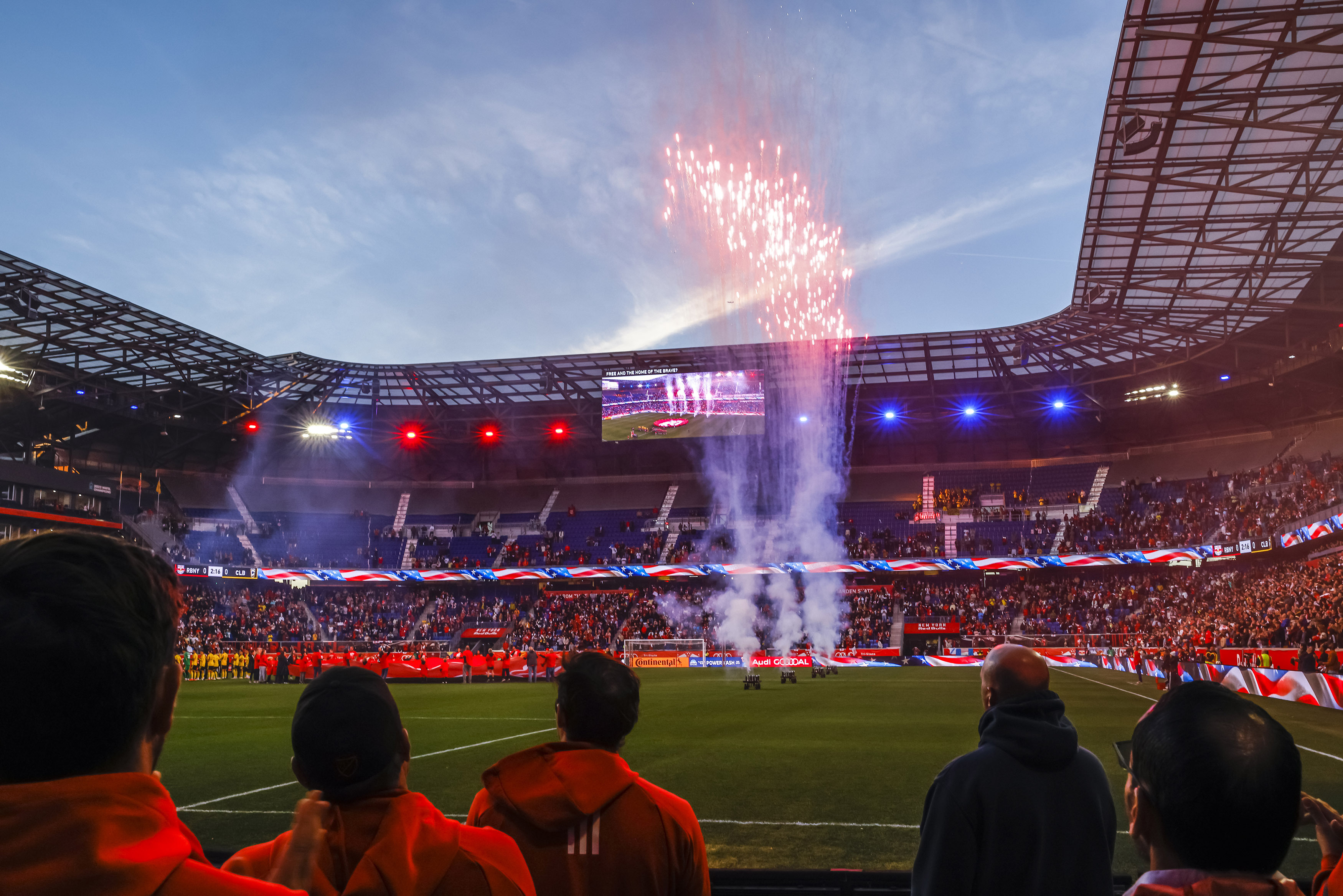 Fireworks are launched before Game 2 in the first round of the MLS Cup soccer playoffs between the Columbus Crew and the New York Red Bulls, Sunday, Nov. 3, 2024, in Harrison, N.J. 