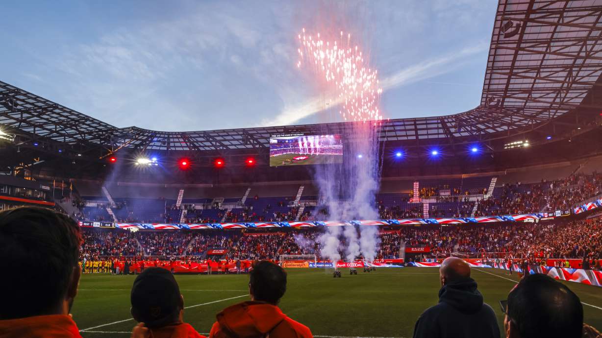 Fireworks are launched before Game 2 in the first round of the MLS Cup soccer playoffs between the Columbus Crew and the New York Red Bulls, Sunday, Nov. 3, 2024, in Harrison, N.J.