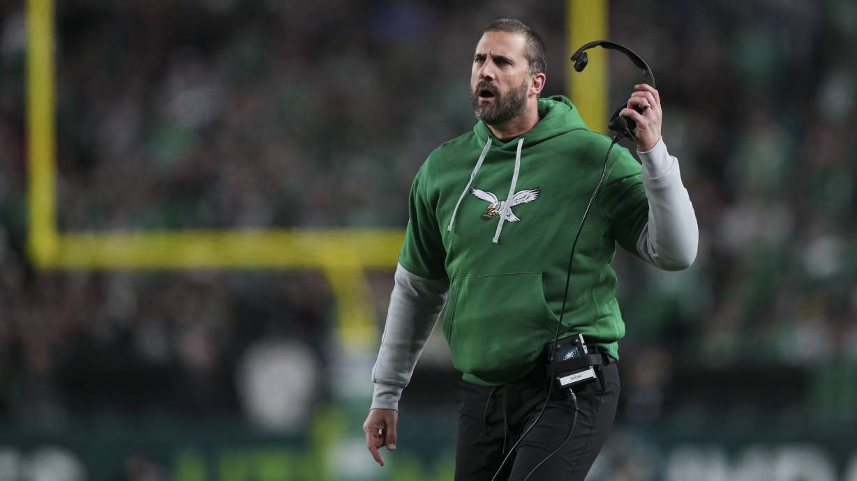 Philadelphia Eagles head coach Nick Sirianni reacts after a penalty during the first half of an NFL football game against the Jacksonville Jaguars on Sunday, Nov. 3, 2024, in Philadelphia.