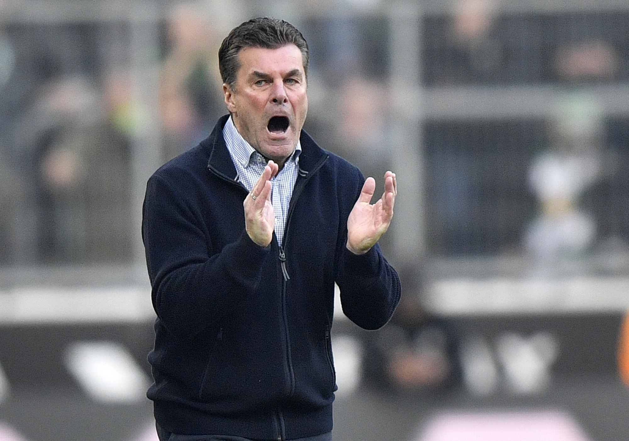 FILE - Then Moenchengladbach head coach Dieter Hecking gestures during the German Bundesliga soccer match between Borussia Moenchengladbach and Fortuna Duesseldorf, Germany, Sunday, Nov. 4, 2018.