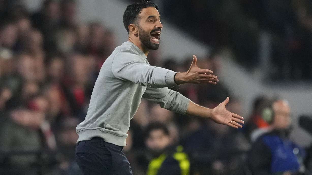 FILE - Sporting's head coach Ruben Amorim reacts during the Champions League opening phase soccer match between PSV Eindhoven and Sporting CP at Philips stadium in Eindhoven, Netherlands, on Oct. 1, 2024.