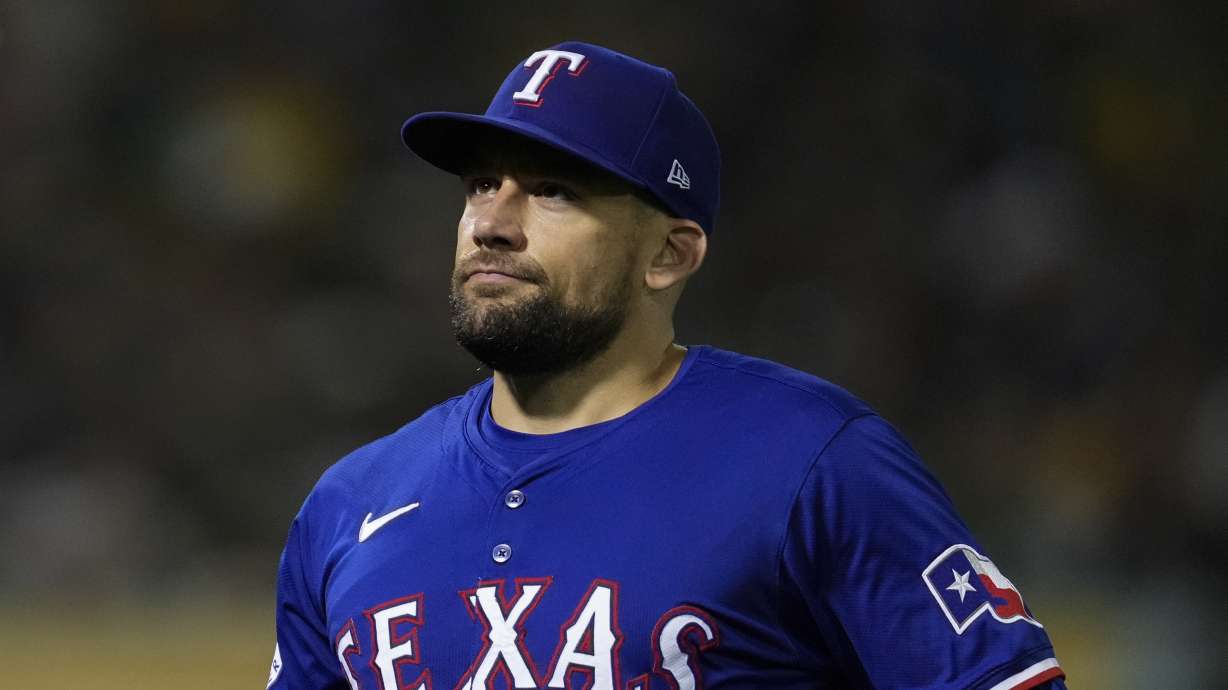 FILE - Texas Rangers' Nathan Eovaldi walks to the dugout after pitching against the Oakland Athletics during the sixth inning of a baseball game, Sept. 24, 2024, in Oakland, Calif.