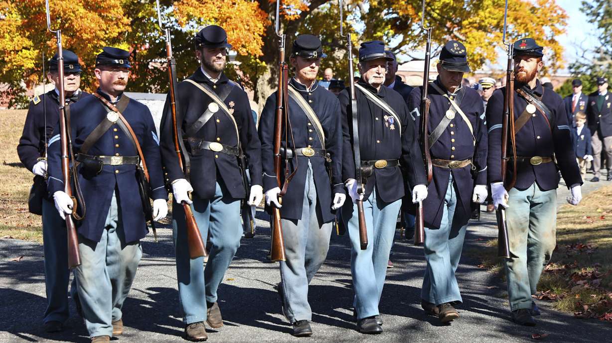 Civil War reenactors participate in ceremonies during funeral services Oct. 16 for the burial of the cremated remains of a Union soldier.