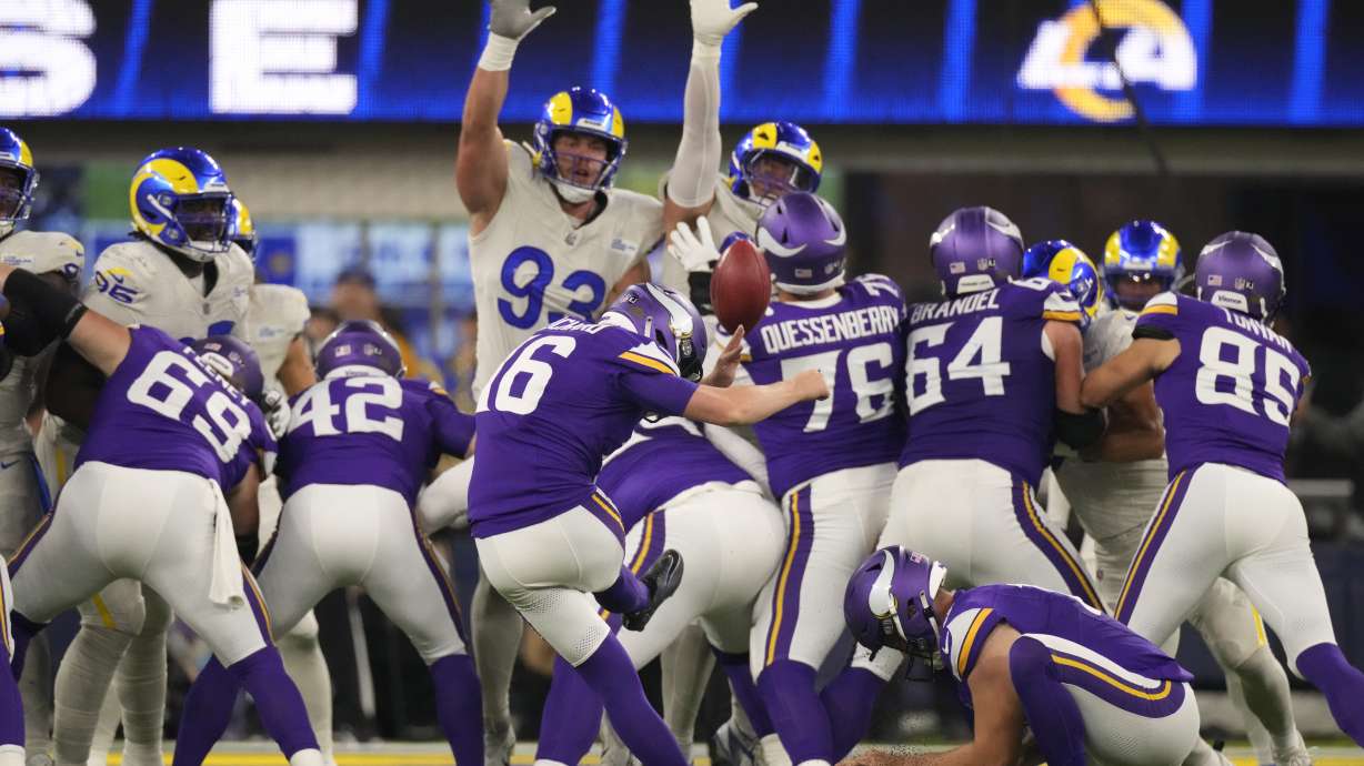 Minnesota Vikings place-kicker Will Reichard (16) boots a field goal during the second half of an NFL football game against the Los Angeles Rams, Thursday, Oct. 24, 2024, in Inglewood, Calif.