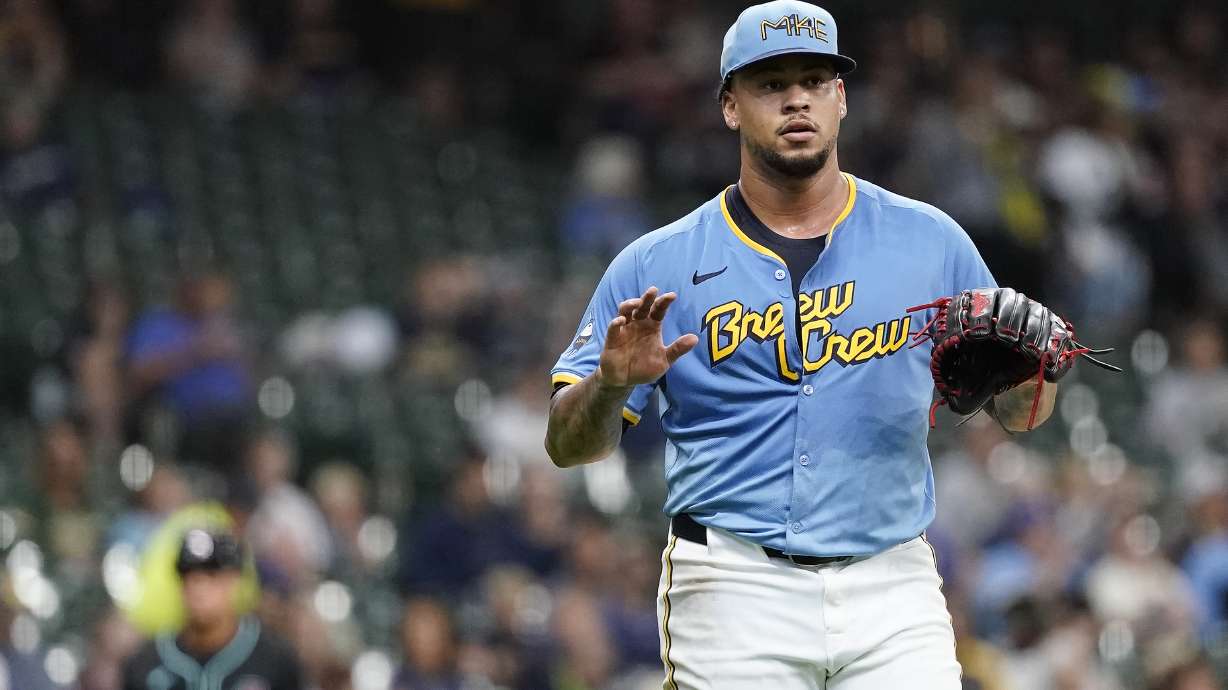 FILE - Milwaukee Brewers' Frankie Montas calls for a time out during the third inning of a baseball game against the Arizona Diamondbacks, Sunday, Sept. 22, 2024, in Milwaukee.