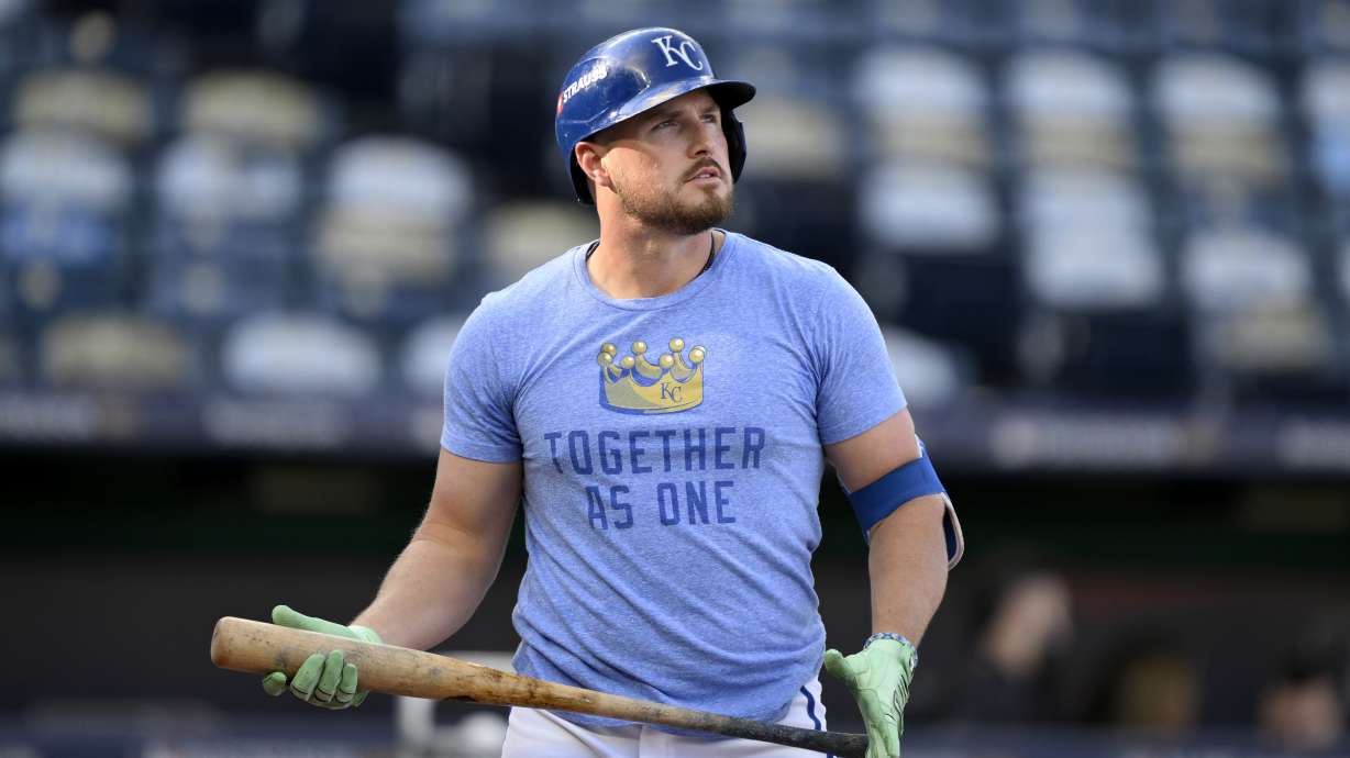 Kansas City Royals' Hunter Renfroe takes batting practice before the start of Game 4 in an American League Division baseball playoff series against the New York Yankees Thursday, Oct. 10, 2024, in Kansas City, Mo.