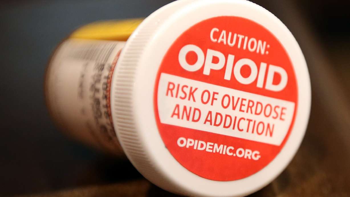 A sticker is pictured to encourage Utahns to talk to their pharmacists about the dangers of prescription opioids and the use of naloxone on April 27, 2017. Utah is expected to receive $45 million from Kroger in settlement over opioid crisis.