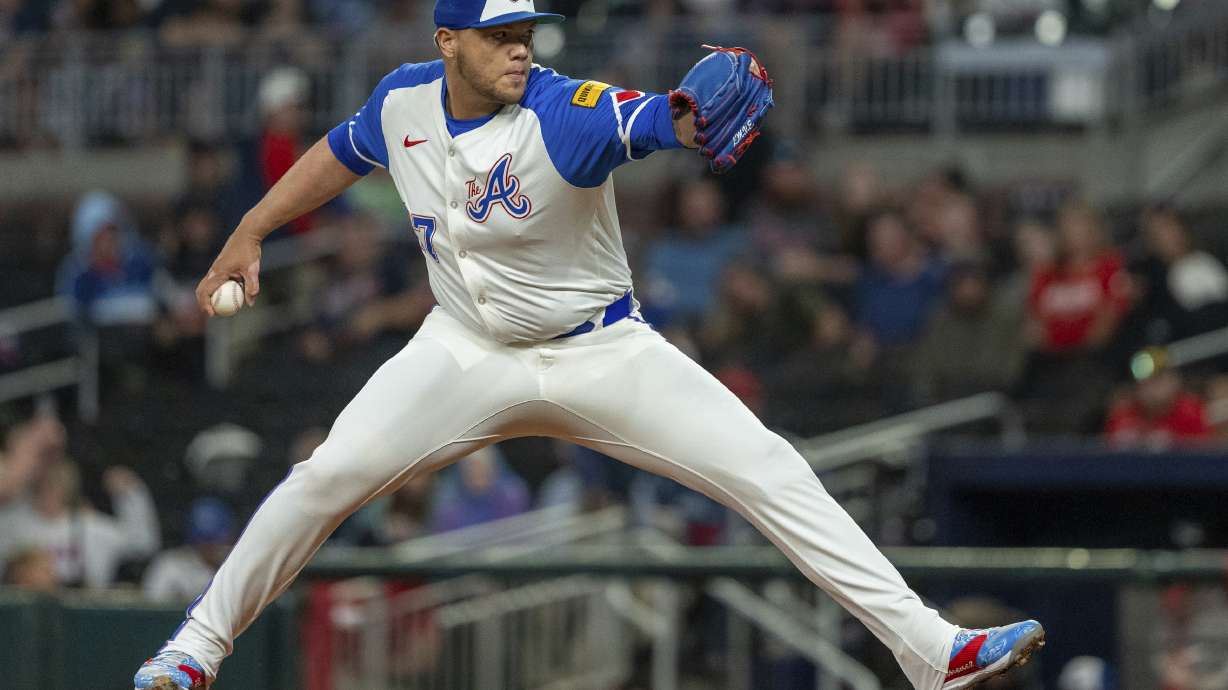 FILE - Atlanta Braves pitcher Joe Jiménez throws in the eighth inning of a baseball game against the Kansas City Royals, Sept. 28, 2024, in Atlanta.