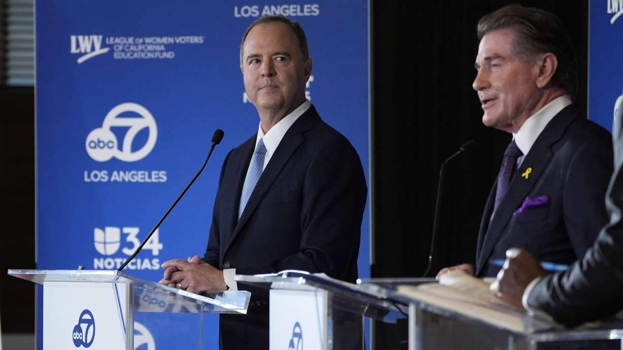 FILE- U.S. Rep. Adam Schiff, left, D-Calif., and Republican Steve Garvey, both candidates for U.S. Senate, participate in a debate Tuesday, Oct. 8, 2024, in Glendale, Calif.