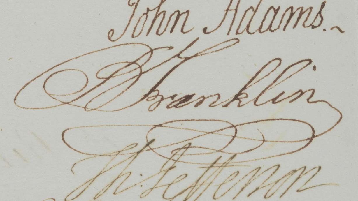 The signatures of John Adams, Benjamin Franklin and Thomas Jefferson as seen on a rare letter that is set to be put up for auction.