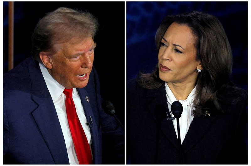 The Republican presidential nominee, former U.S. President Donald Trump, and the Democratic presidential nominee, U.S. Vice President Kamala Harris, take part in a presidential debate hosted by ABC in Philadelphia, Pennsylvania, on Sept. 10 in a combination of file photographs.