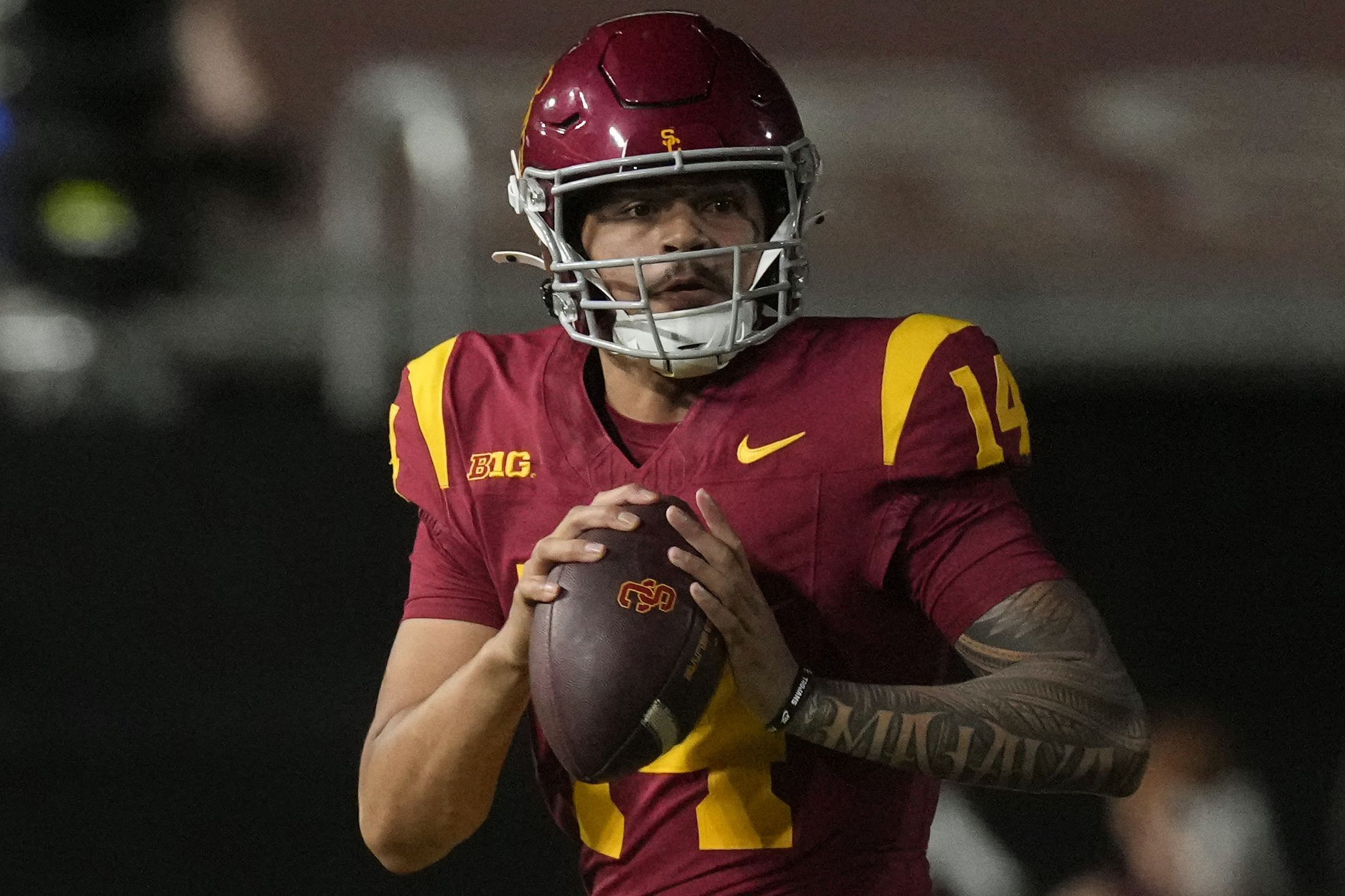 FILE - Southern California quarterback Jayden Maiava gets set to pass during the second half of an NCAA college football game against Utah State, Saturday, Sept. 7, 2024, in Los Angeles. 