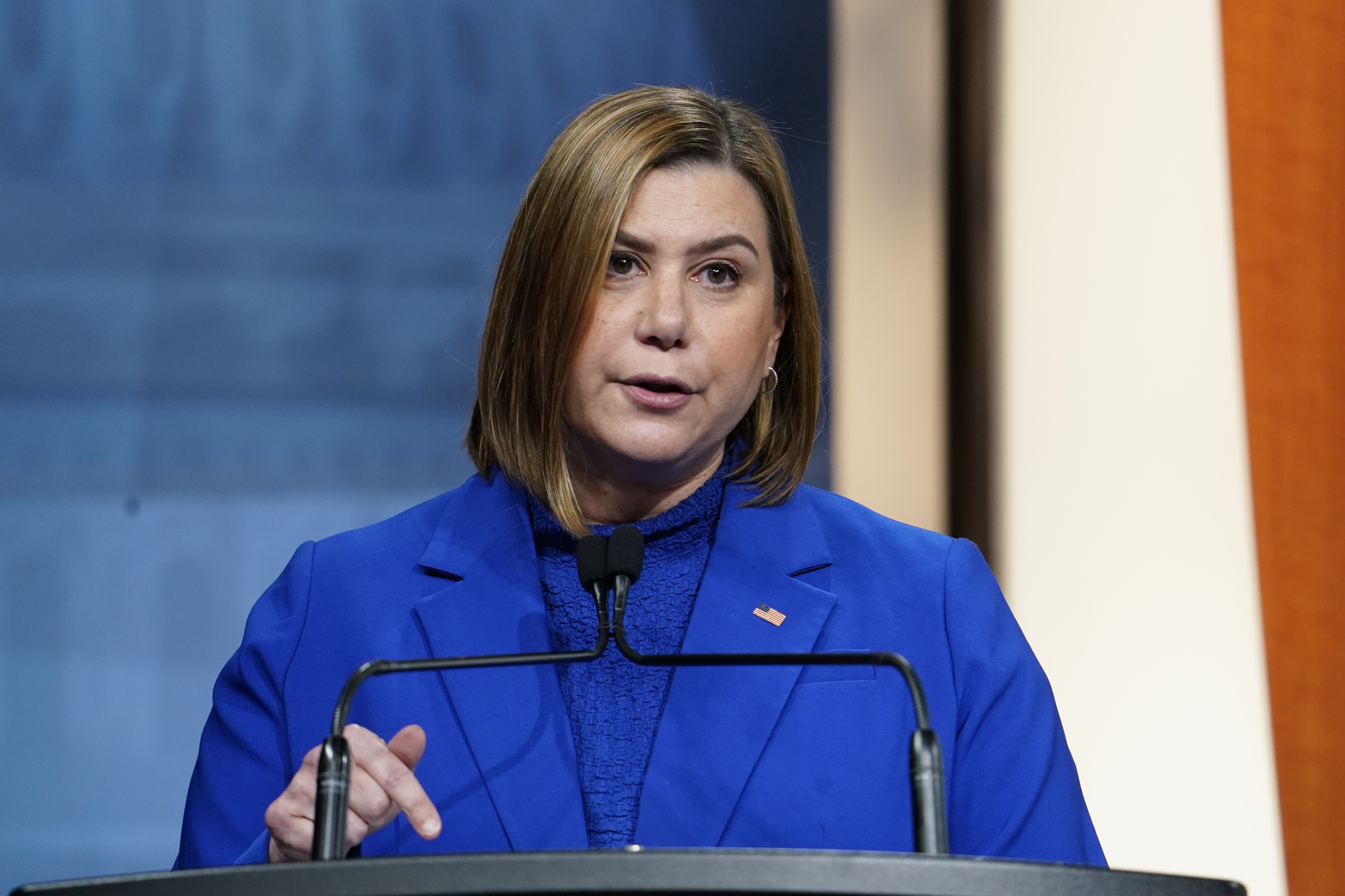FILE - U.S. Rep. Elissa Slotkin, D-Holly, the Democratic candidate for the open Michigan U.S. Senate seat, debates with former U.S. Rep. Mike Rogers the Republican candidate vying for the seat, Oct. 14, 2024, in Southfield, Mich.