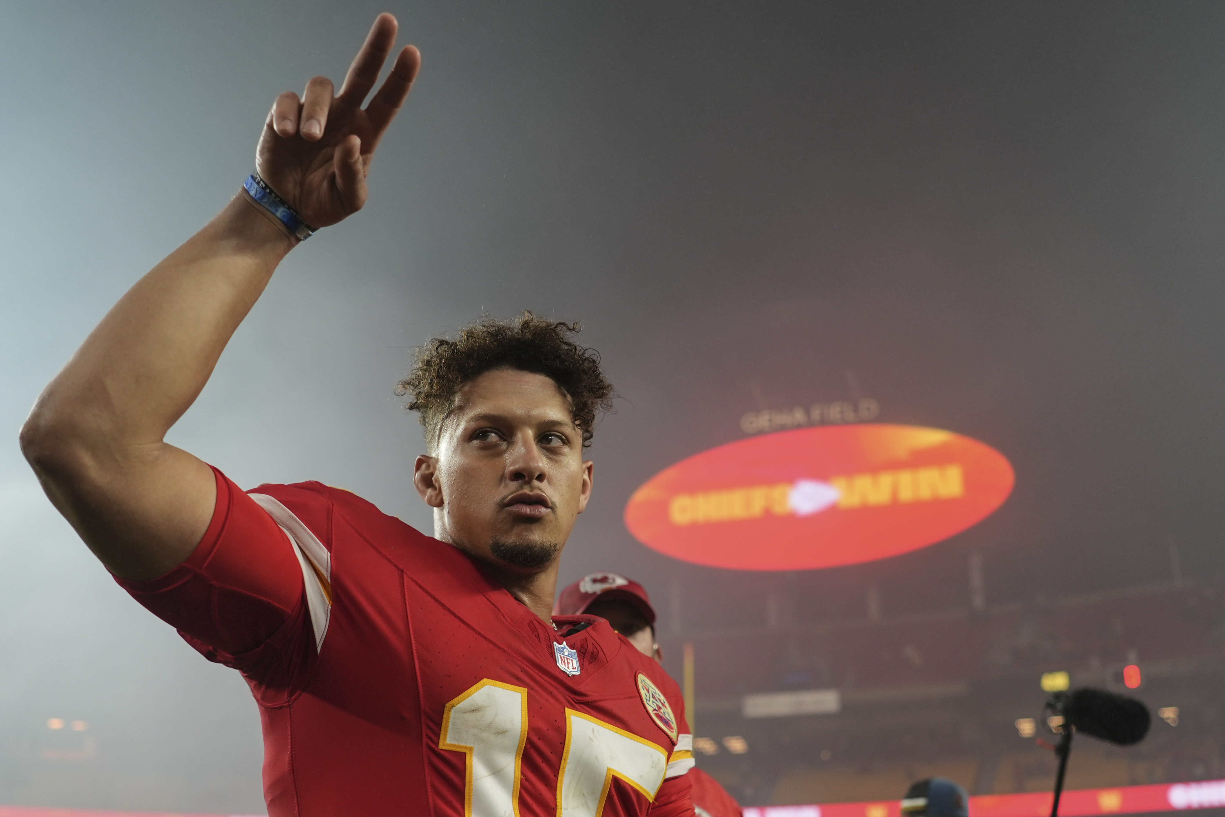 Kansas City Chiefs quarterback Patrick Mahomes (15) walks off the field after a win against the Tampa Bay Buccaneers in overtime of an NFL football game, Monday, Nov. 4, 2024, in Kansas City, Mo.