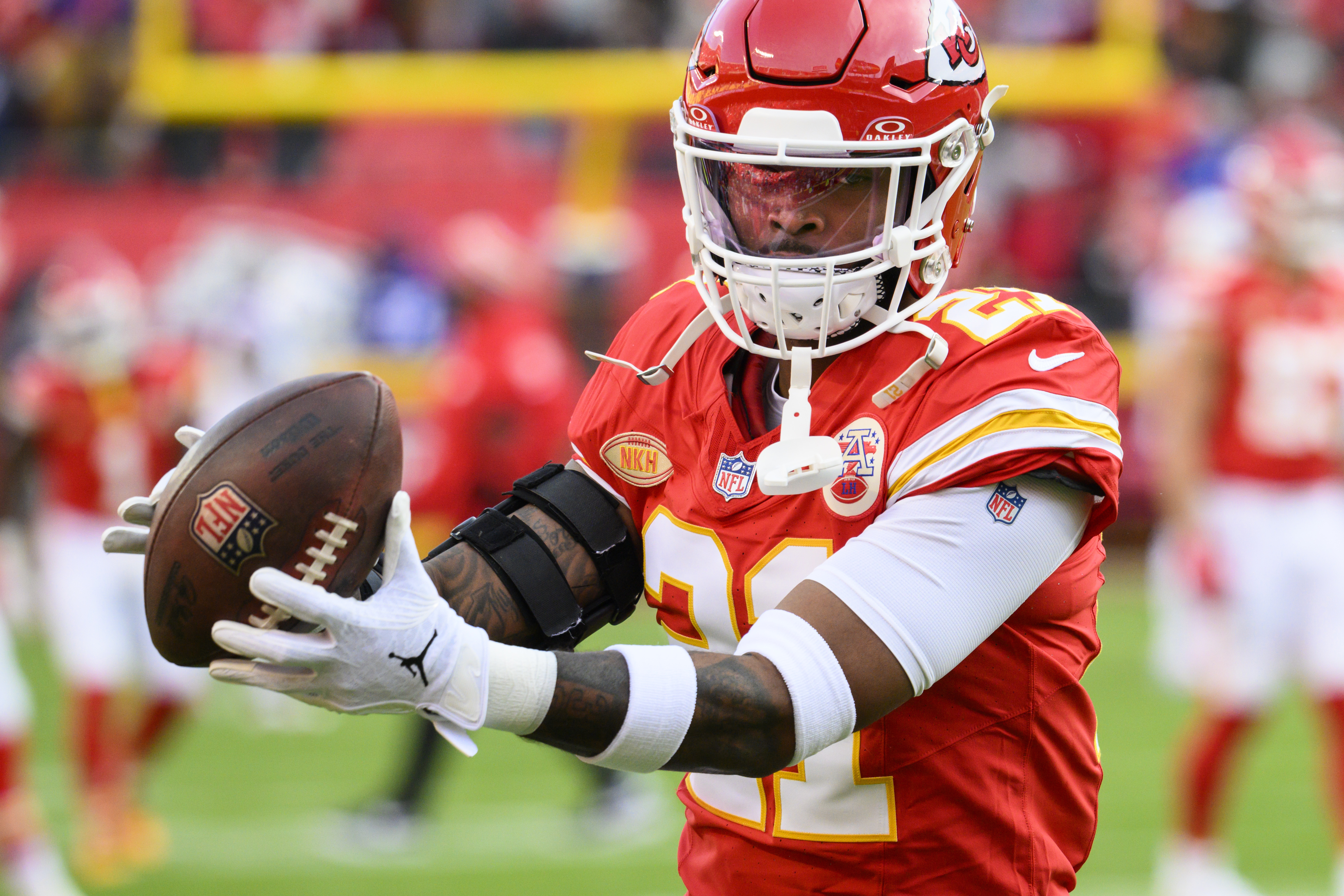 FILE -Kansas City Chiefs safety Mike Edwards makes a catch during warmups before an NFL football game against the Buffalo Bills, Sunday, Dec. 10, 2023 in Kansas City, Mo. The Buffalo Bills released safety Mike Edwards on Tuesday, Nov. 5, 2024. Edwards, who won a Super Bowl with the Chiefs last season, was expected to take over one of Buffalo’s starting safety jobs.