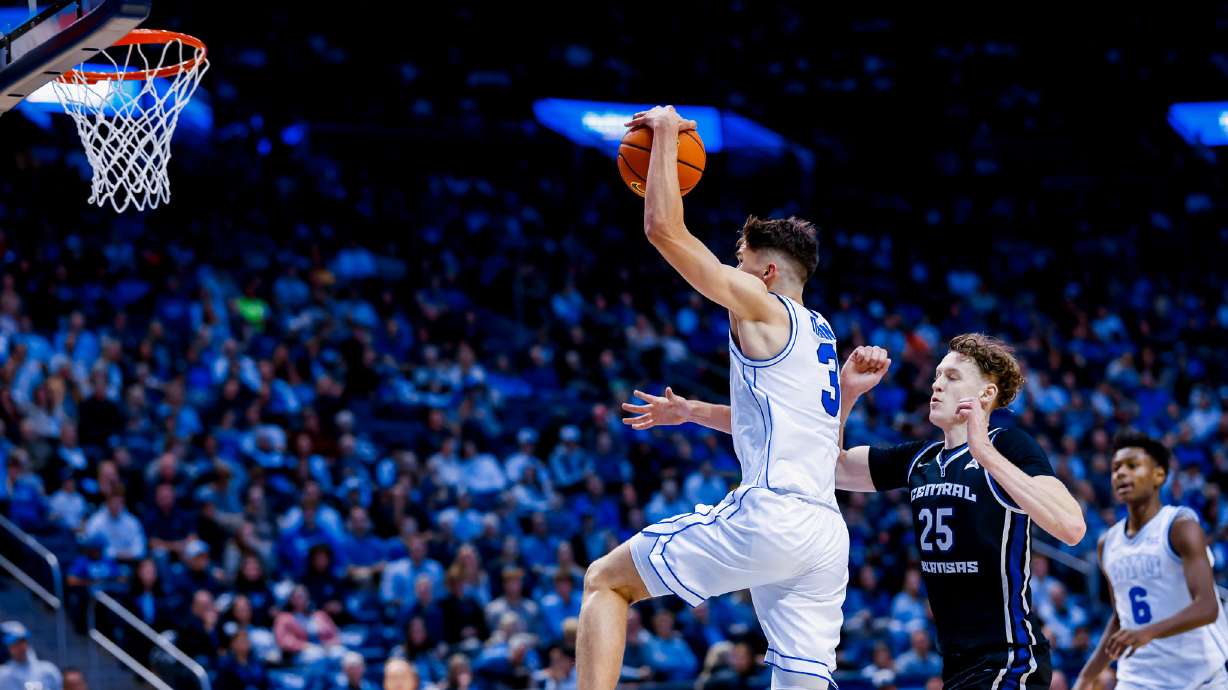 BYU guard Egor Demin goes to dunk against Central Arkansas during an NCAA men's basketball game, Tuesday, Nov. 5, 2024 at the Marriott Center in Provo, Utah.