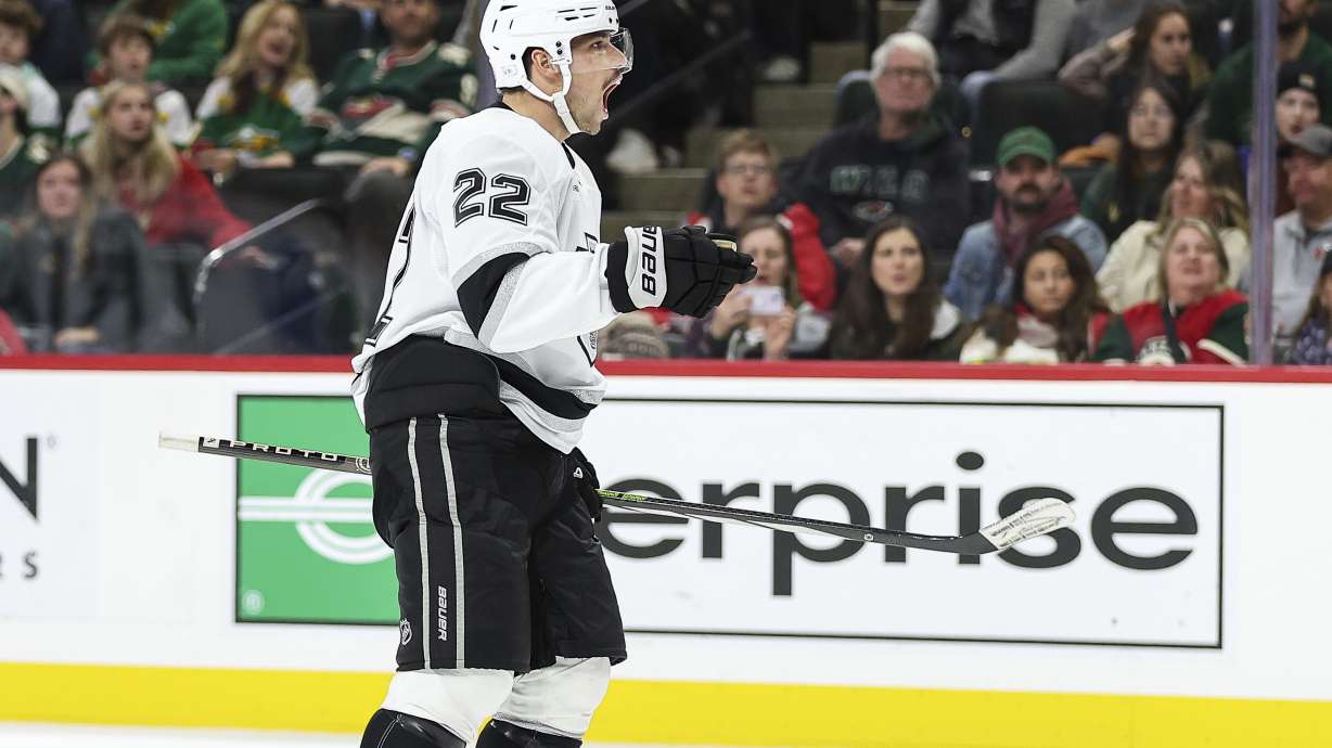 Los Angeles Kings left wing Kevin Fiala (22) celebrates his goal against the Minnesota Wild during the second period of an NHL hockey game Tuesday, Nov. 5, 2024, in St. Paul, Minn.