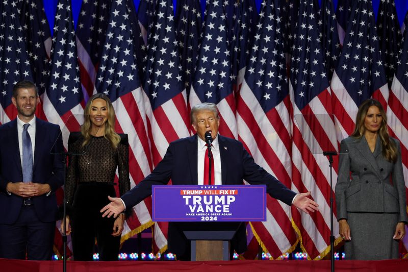 Republican presidential nominee and former U.S. President Donald Trump takes the stage with his wife Melania, his son Eric, and his daughter-in-law Lara, following early results from the 2024 U.S. presidential election in Palm Beach County Convention Center, in West Palm Beach, Florida, Wednesday.