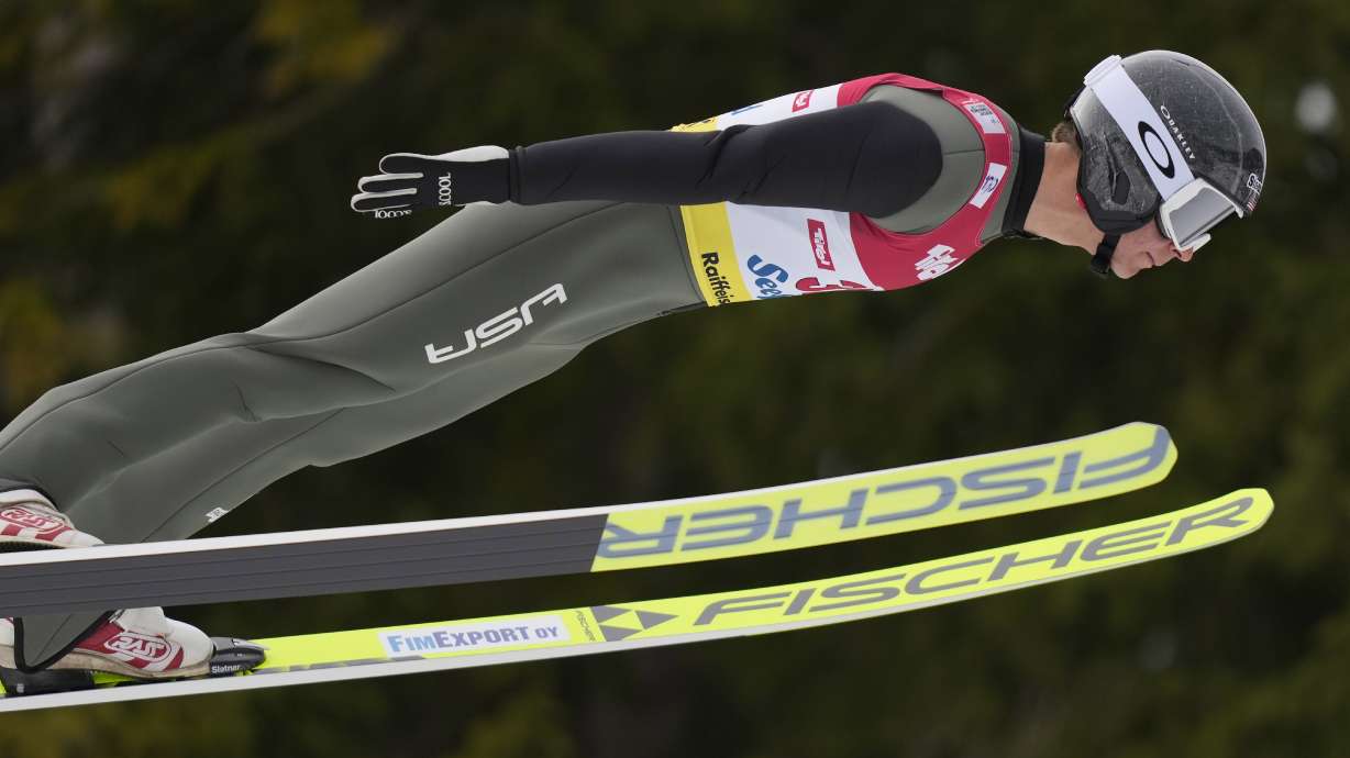 FILE - U.S. Niklas Malacinski competes during the men's Individual Gundersen Ski jumping at the Nordic Combined Triple World Cup in Seefeld, Austria, Feb. 2, 2024.