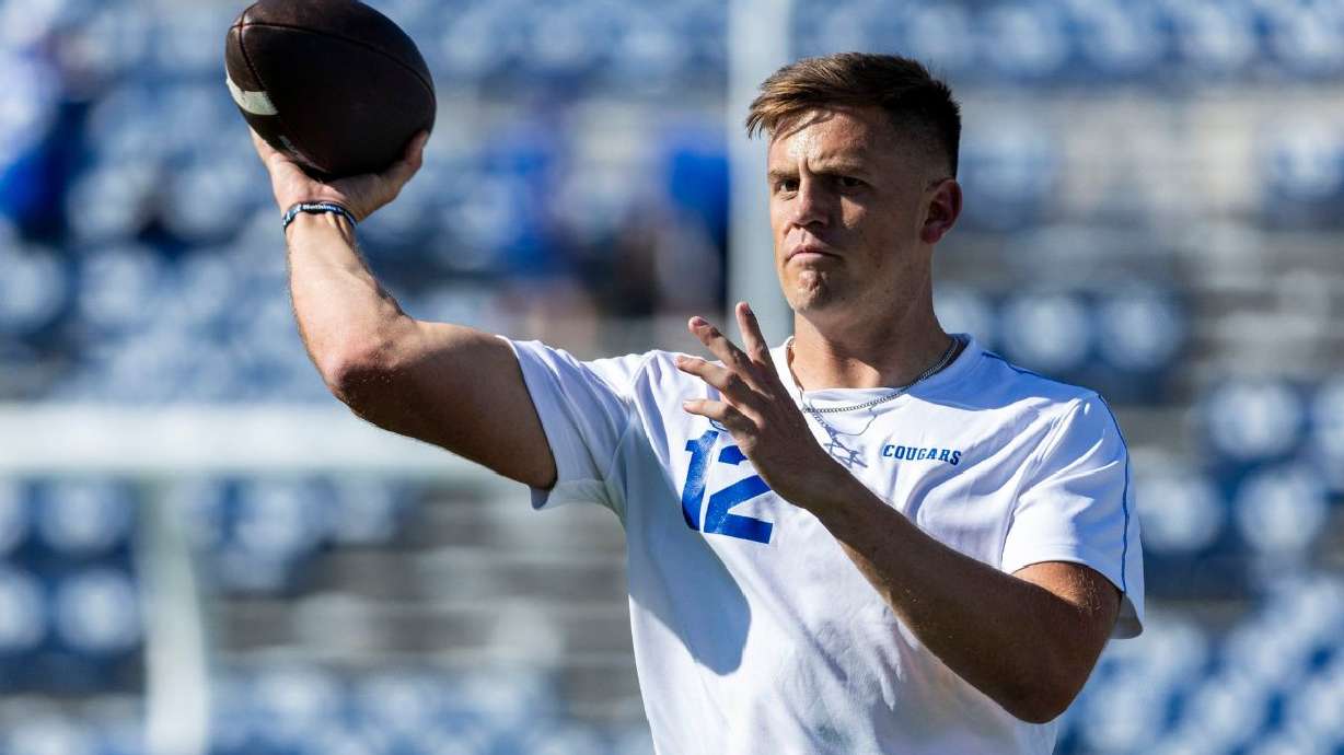 BYU quarterback Jake Retzlaff warms up in Provo on Aug. 31, 2024. A civil lawsuit filed Wednesday accused BYU starting quarterback Jake Retzlaff of sexually assaulting a woman at his home in 2023.