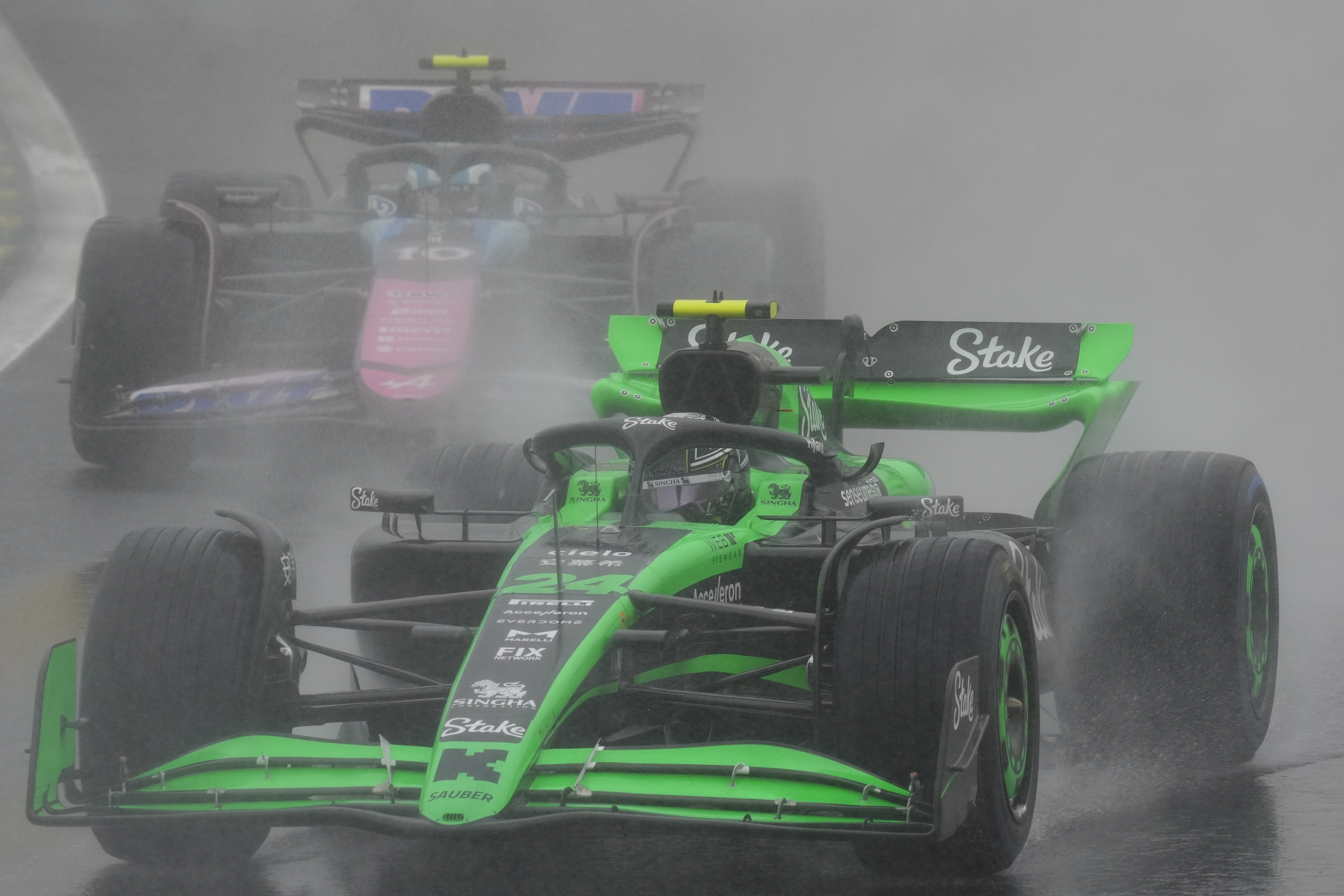 Guanyu Zhou, of China, steers his Kick Sauber during the Brazilian Formula One Grand Prix at the Interlagos race track in Sao Paulo, Sunday, Nov. 3, 2024.