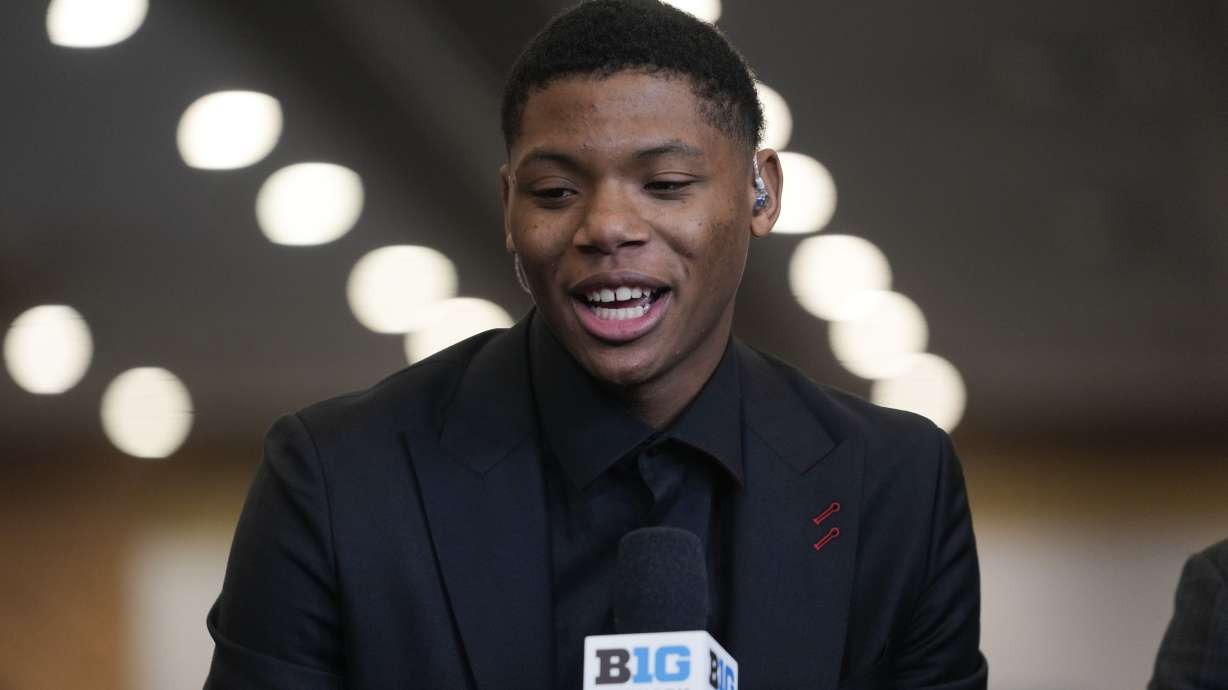 FILE - Rutgers' Ace Bailey speaks during the Big Ten men's NCAA college basketball media day Thursday, Oct. 3, 2024, in Rosemont, Ill.
