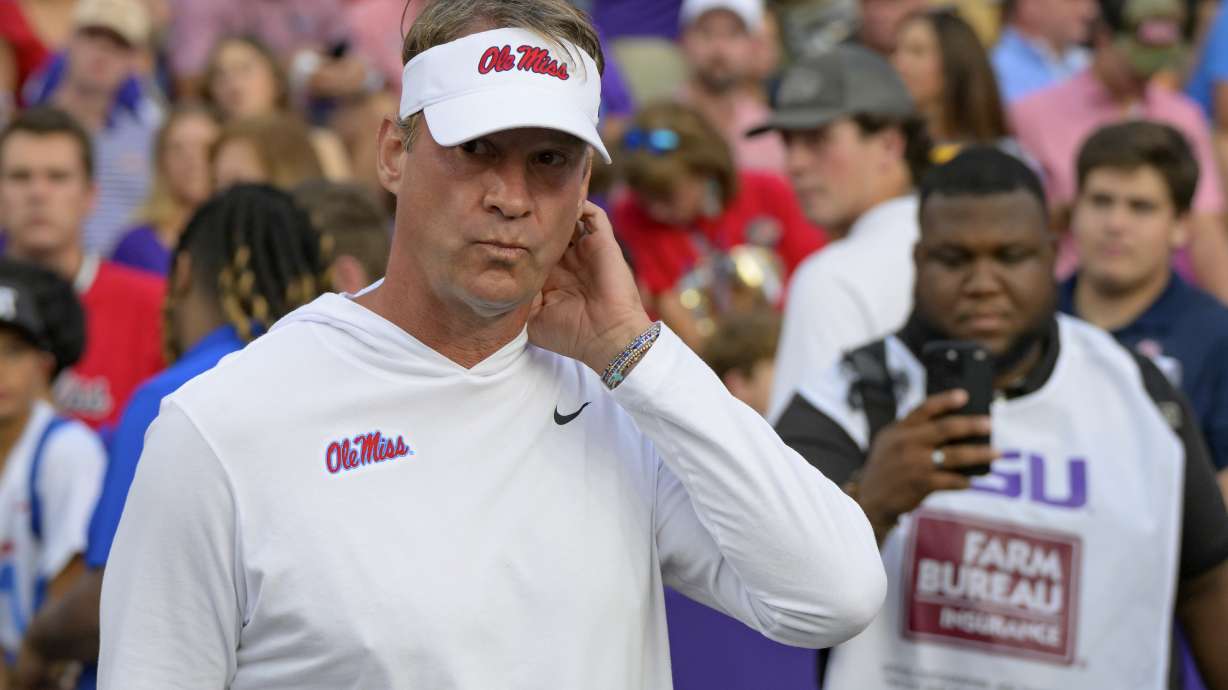 Mississippi head coach Lane Kiffin arrives for an NCAA college football game against LSU in Baton Rouge, La., Saturday, Oct. 12, 2024.