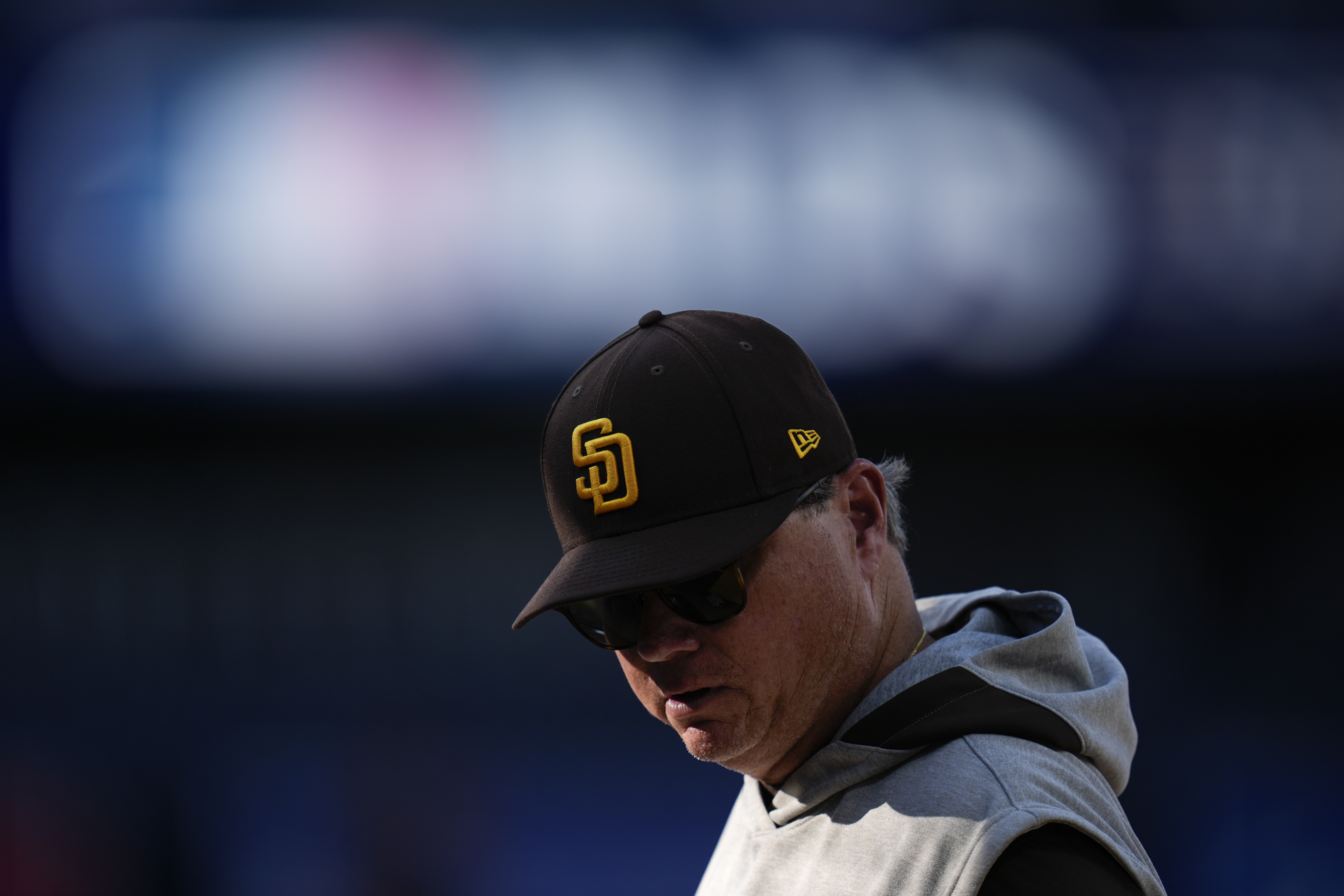 San Diego Padres manager Mike Shildt looks on during practice Monday, Oct. 7, 2024, a day before Game 3 of a baseball NL Division Series against the Los Angeles Dodgers in San Diego.