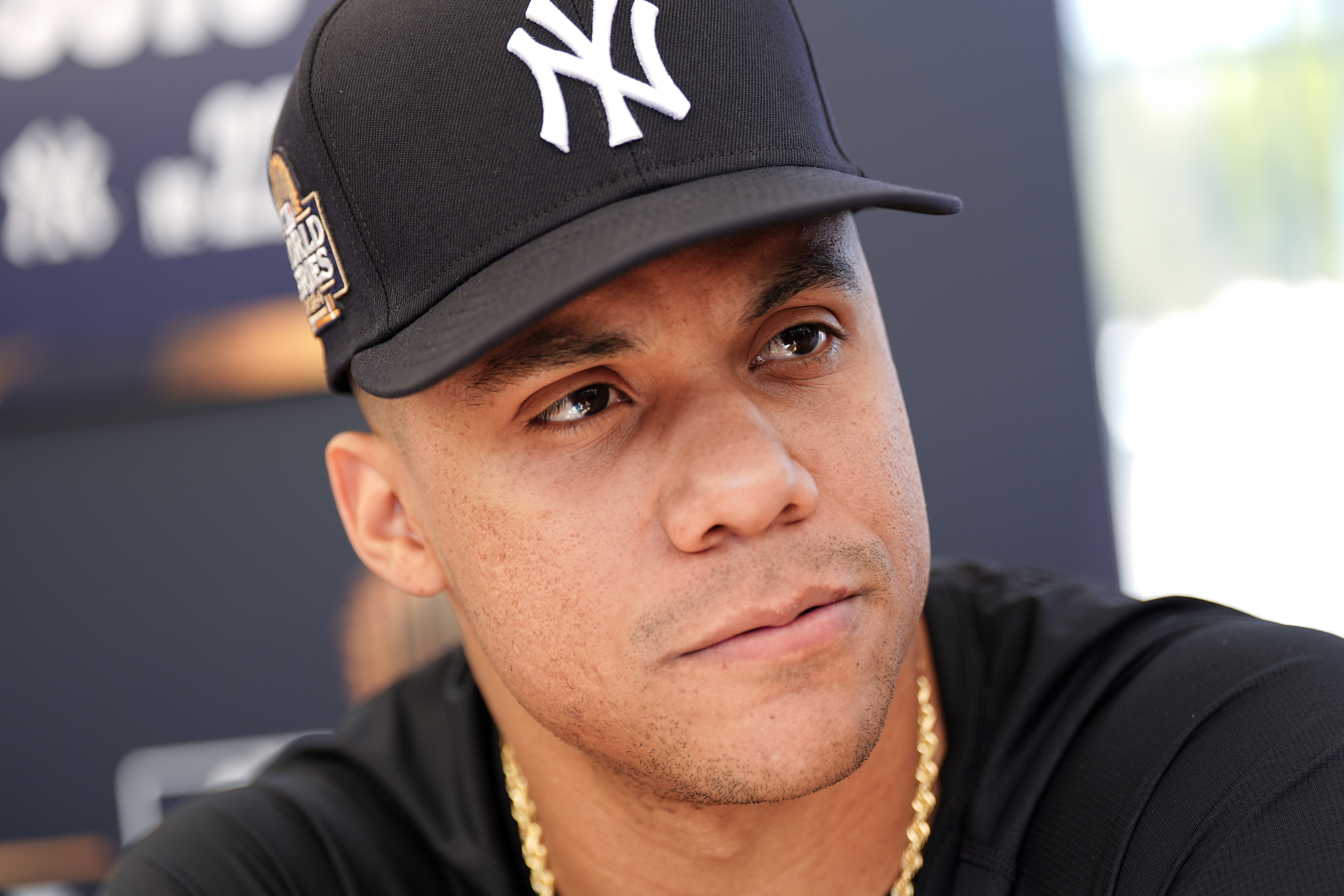 New York Yankees' Juan Soto speaks during media day for the baseball World Series against the Los Angeles Dodgers, Thursday, Oct. 24, 2024, in Los Angeles.