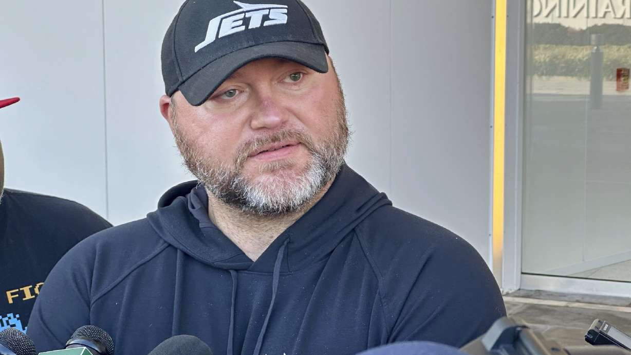 New York Jets general manager Joe Douglas speaks to reporters at the team’s training facility in Florham Park, N.J., on Wednesday, Nov. 6, 2024.