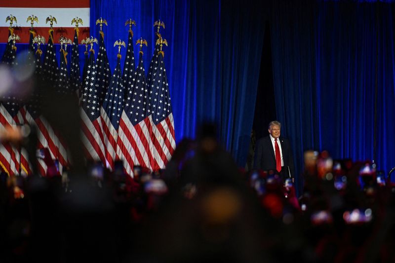 Republican presidential nominee and former President Donald Trump takes the stage following early results from the 2024 U.S. presidential election in Palm Beach County Convention Center, in West Palm Beach, Fla., Wednesday.