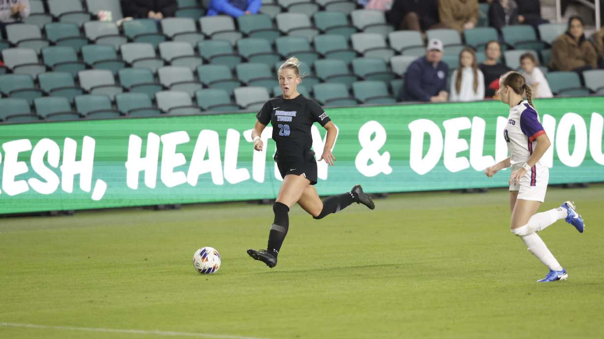 BYU's Pressley Freeman pushes the ball upfield against TCU during a semifinal of the Big 12 women's soccer tournament, Saturday, Nov. 2, 2024 at CPKC Stadium in Kansas City, Mo.