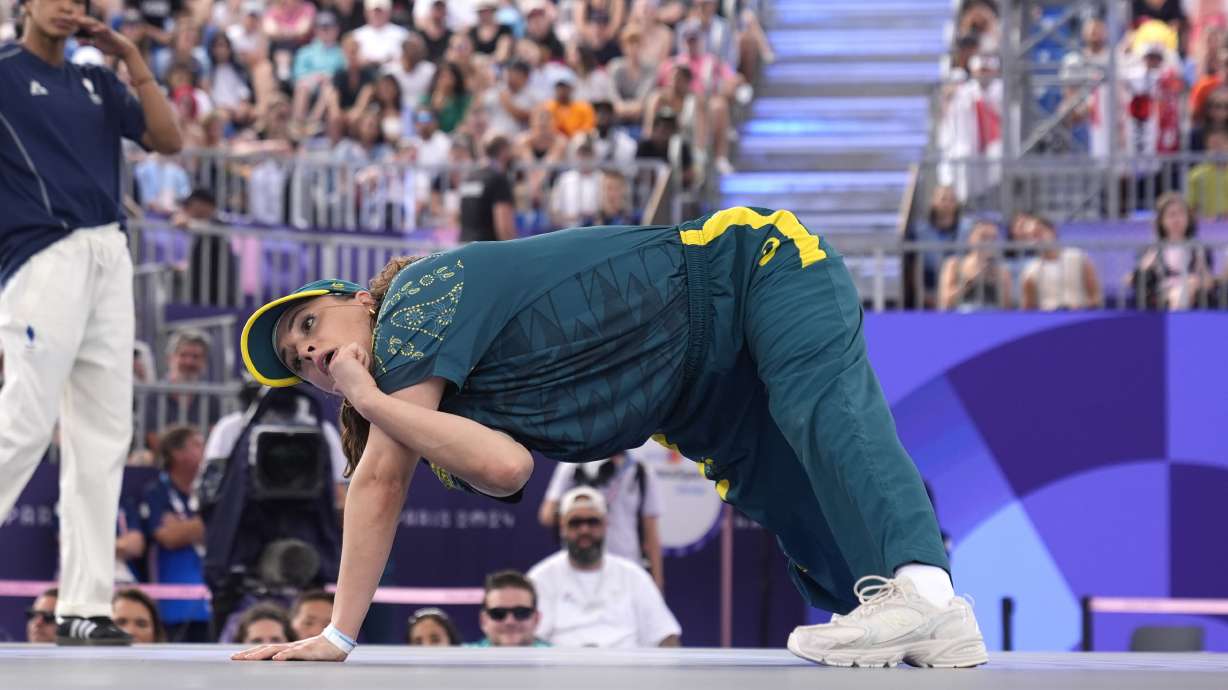 FILE - Australia's Rachael Gunn, known as B-Girl Raygun, competes during the Round Robin Battle at the breaking competition at La Concorde Urban Park at the 2024 Summer Olympics, Aug. 9, 2024, in Paris, France.