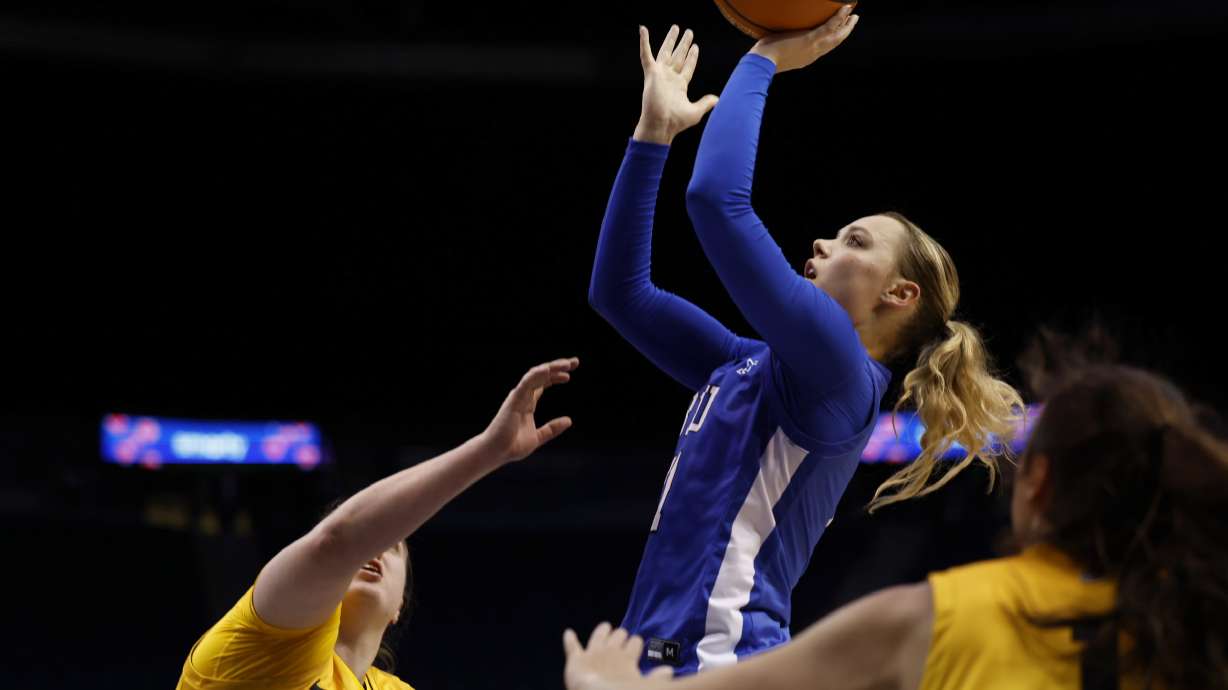 BYU guard Delaney Gibb puts up a shot during an NCAA women's basketball game against Idaho, Wednesday, Nov. 6, 2024 at the Marriott Center in Provo, Utah.