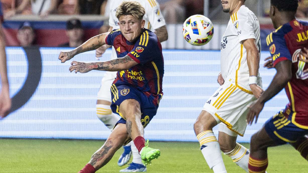 Real Salt Lake midfielder Diego Luna (8) takes a shot on the goal during a Major League Soccer game against the Los Angeles Galaxy at America First Field in Sandy on Saturday, June 22, 2024.
