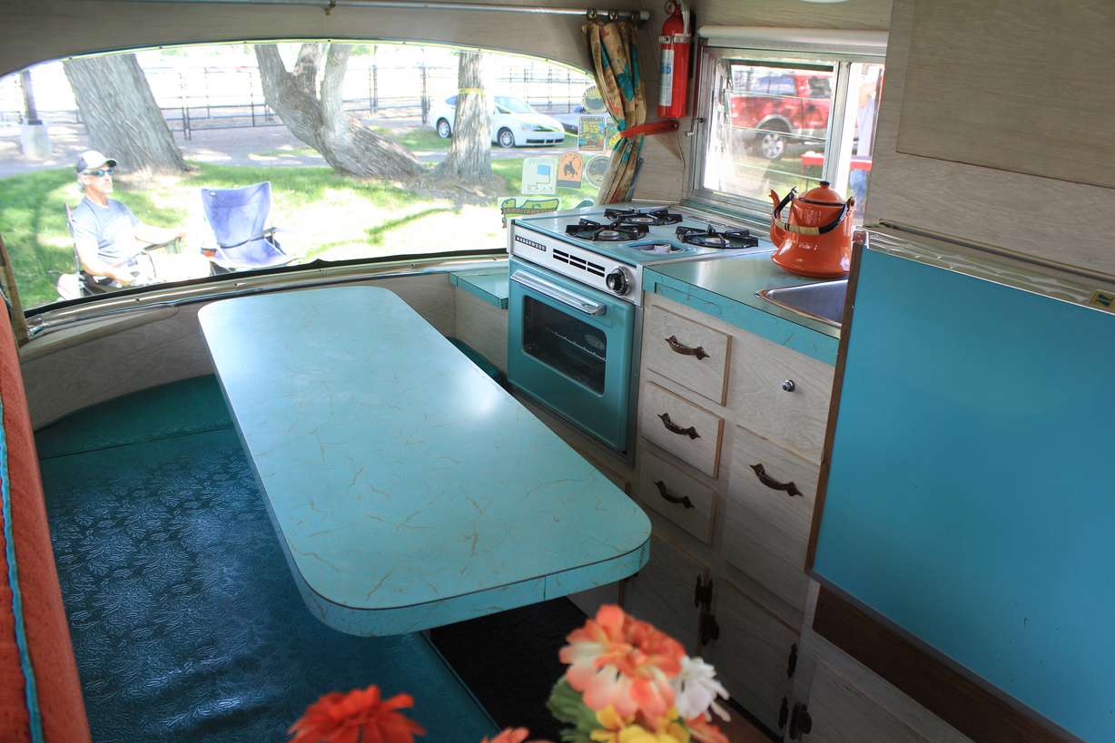 The kitchen area of Sterling Weber's homebuilt Cozy Cruiser converts to a sleeping area. The late Logan hobbyist said the camper could sleep four adults and two children.