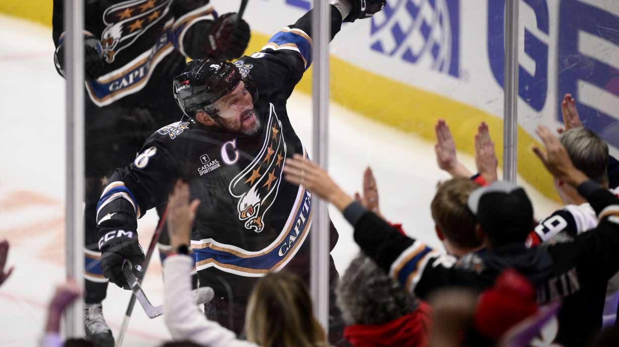 Washington Capitals left wing Alex Ovechkin (8) celebrates his goal during the third period of an NHL hockey game against the Nashville Predators, Wednesday, Nov. 6, 2024, in Washington. The Capitals won 3-2.