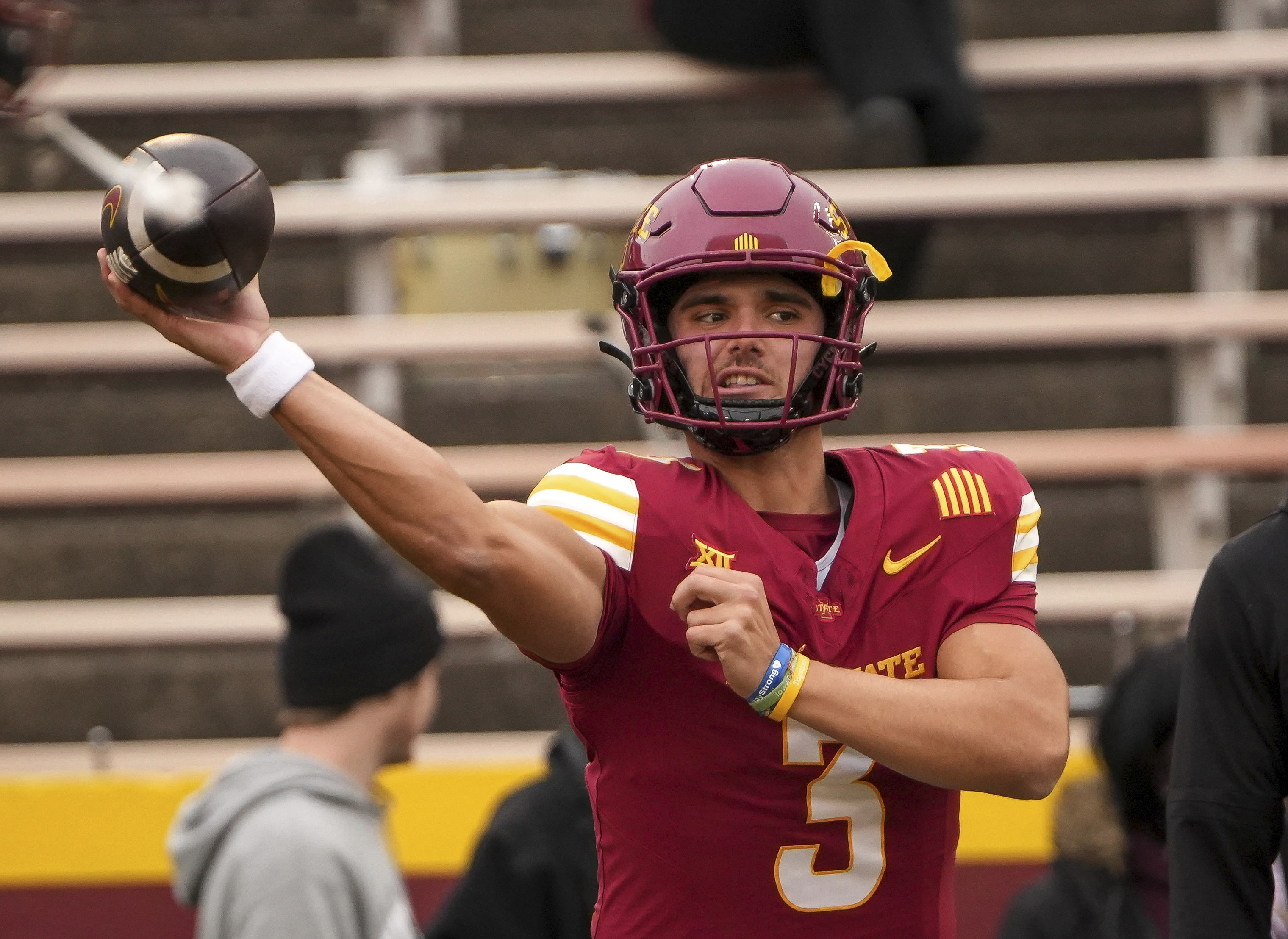 Iowa State quarterback Rocco Becht (3) warms up prior to kickoff against Texas Tech in an NCAA college football game, Saturday, Nov. 2, 2024, in Ames, Iowa.