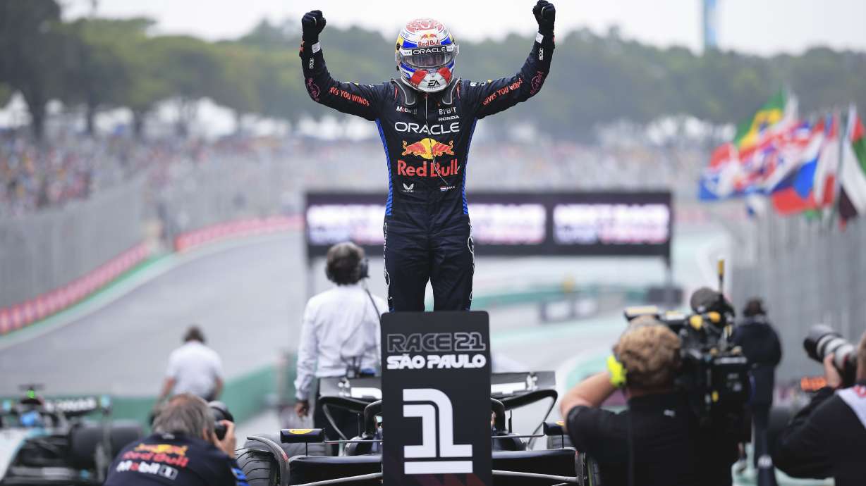 Red Bull driver Max Verstappen of the Netherlands, celebrates finishing first in the Brazilian Formula One Grand Prix at the Interlagos race track, in Sao Paulo, Brazil, Sunday, Nov. 3, 2024.